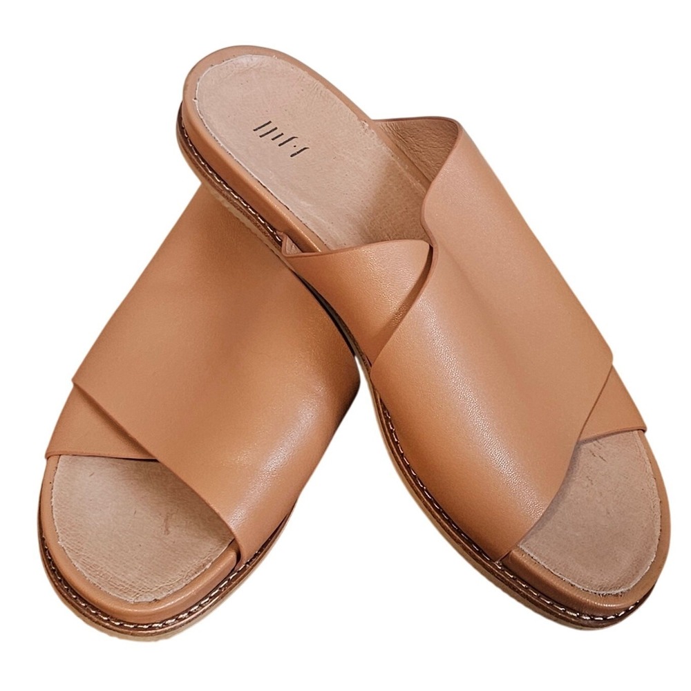 J Jill Tan Leather Slip On Sandals Crossband Comfort Slides Neutral Womens‎ 10 - Picture 2 of 7